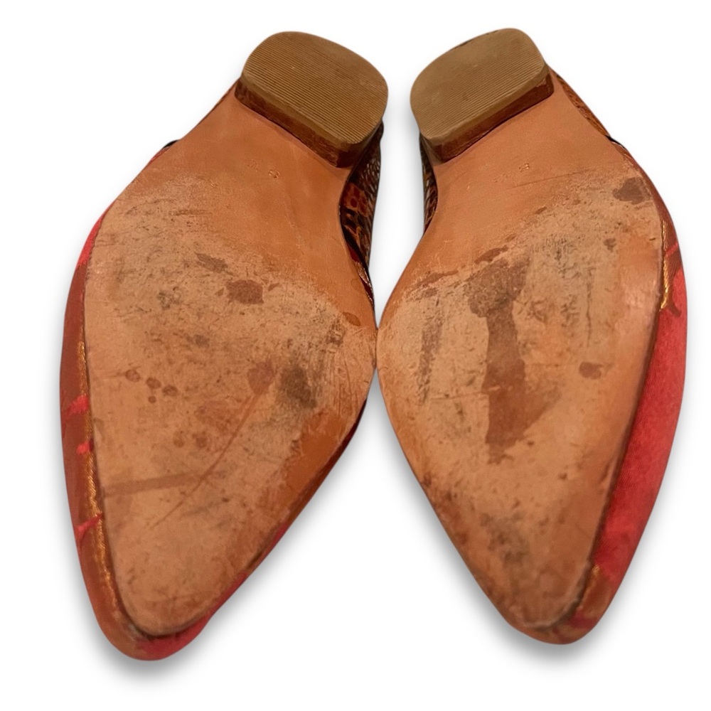 MERE Handcrafted Brocade Contrast Texture Snakeskin Pointed Toe Wood Heel Flats - Picture 15 of 16